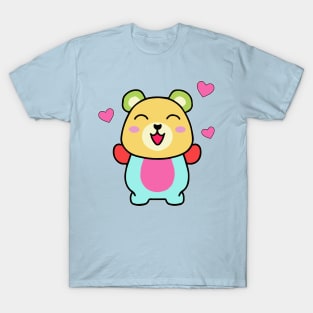 Happy smiling baby teddy bear with love hearts. Kawaii cartoon T-Shirt